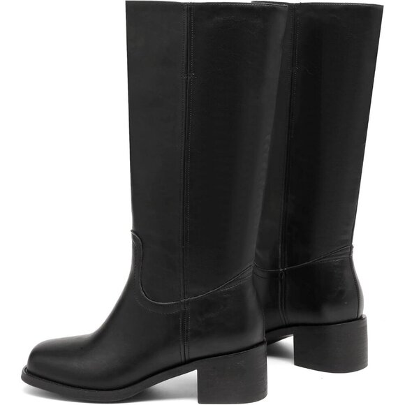 Women's Black Knee High Boots Square Toe Chunky Block Heel Long Boots - Picture 5 of 6